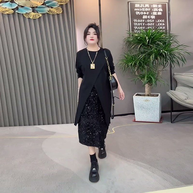 加大码女装圆领长袖交叉底摆外套亮片半身裙胖妹妹时尚显瘦两件套,女装/女士精品,大码套装,淘宝优惠券,粉丝福利购,淘宝优惠卷