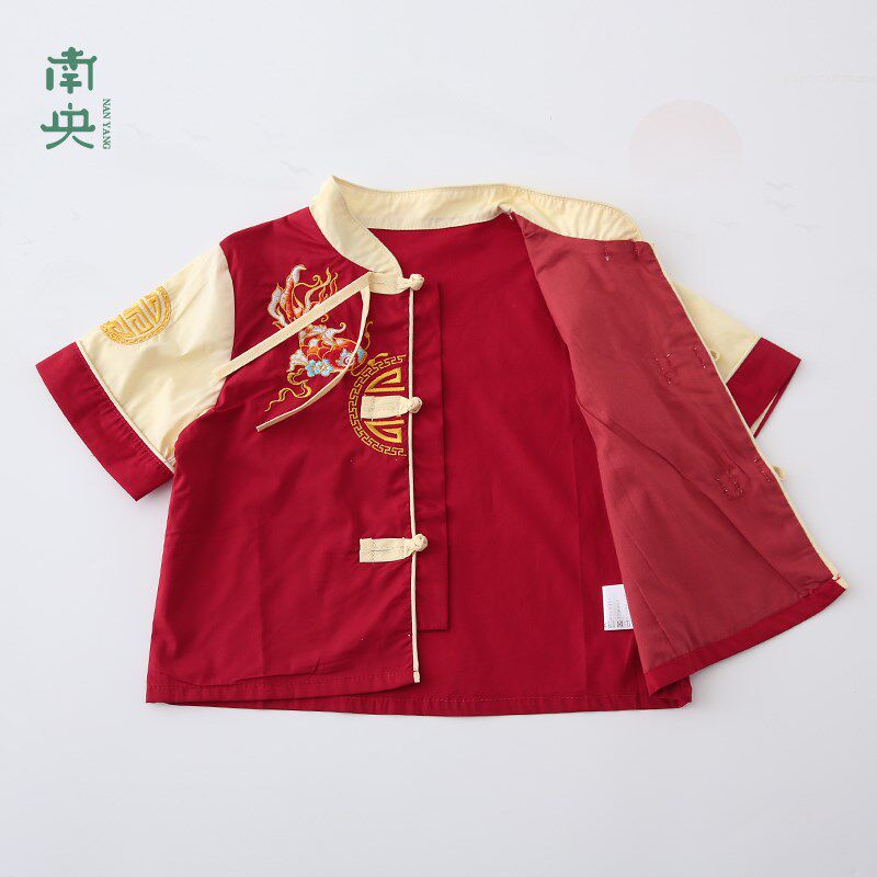 周岁礼服宝宝抓周宴汉服男童新中式国风短袖套装儿童唐装夏季古风