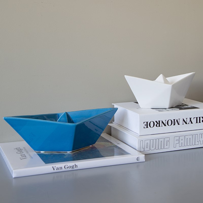 蓝色白色创意陶瓷几何小舟小船折纸模型造型摆件艺术海洋软装饰品
