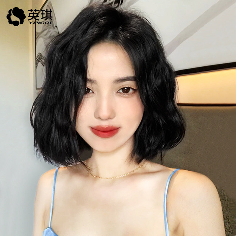 英琪假发女短发卷发时尚复古港风羊毛卷蓬松自然全真人发丝全头套