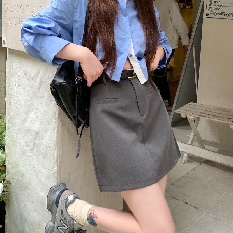 西装半身裙女春夏2024新款大码胖mm高腰显瘦遮胯a字裙灰色短裙子