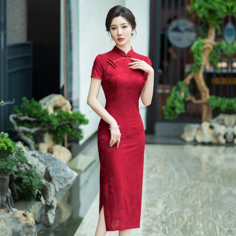 夏季旗袍长款复古新中式优雅妈妈日常改良提花大码婚宴短袖连衣裙