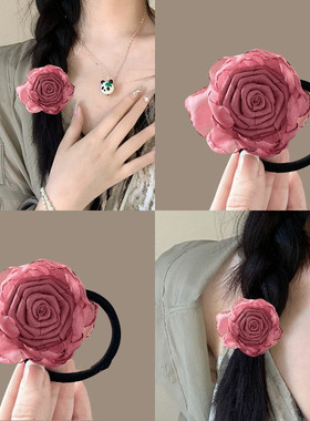 新中式干枯玫瑰花发圈头绳女后脑勺扎麻花辫发饰复古头花发绳