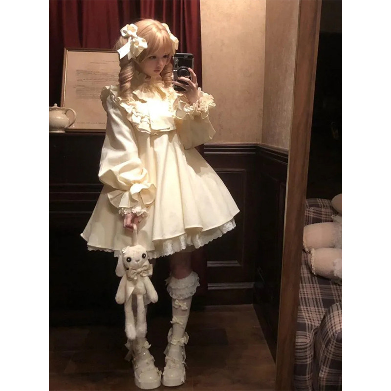 日系小个子甜美Lolita连衣裙女早秋新款蕾丝拼接高腰显瘦蓬蓬短裙