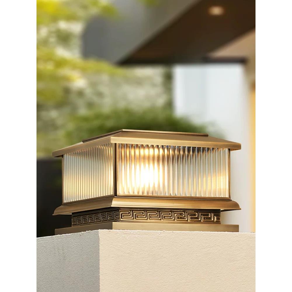 全铜别墅柱头灯户外防水门柱灯庭院围墙免布线太阳能灯花园柱子灯