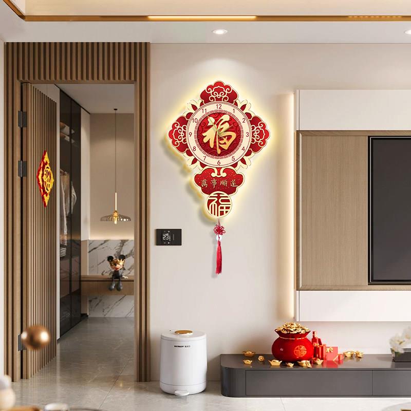 新中式客厅福字钟表装饰画 画中国风电视墙挂钟灯画 画中国结时钟
