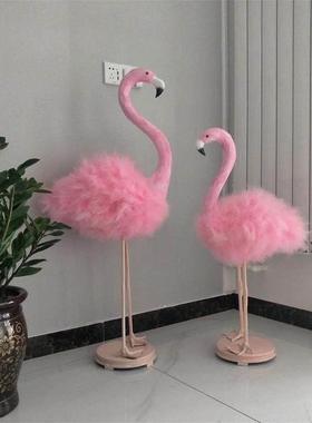 新款仿真粉色真羽毛火烈鸟网红家居摆件橱窗装饰婚庆道具动物模型