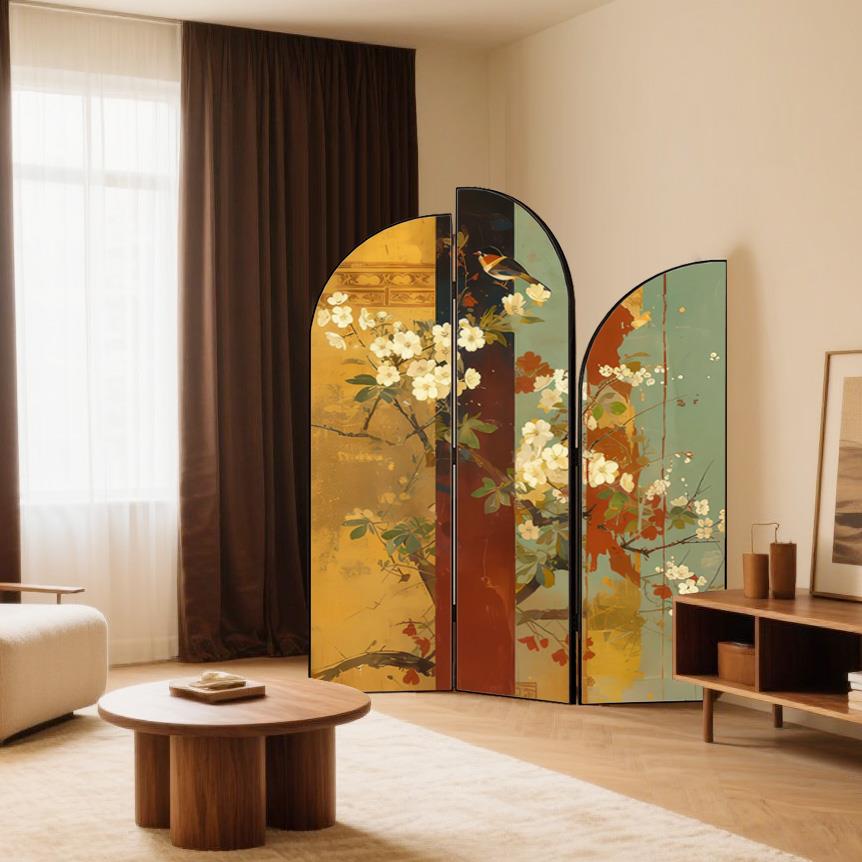 新中式屏风隔断客厅现代简约法式轻奢入户玄关遮挡花鸟沙发装饰墙