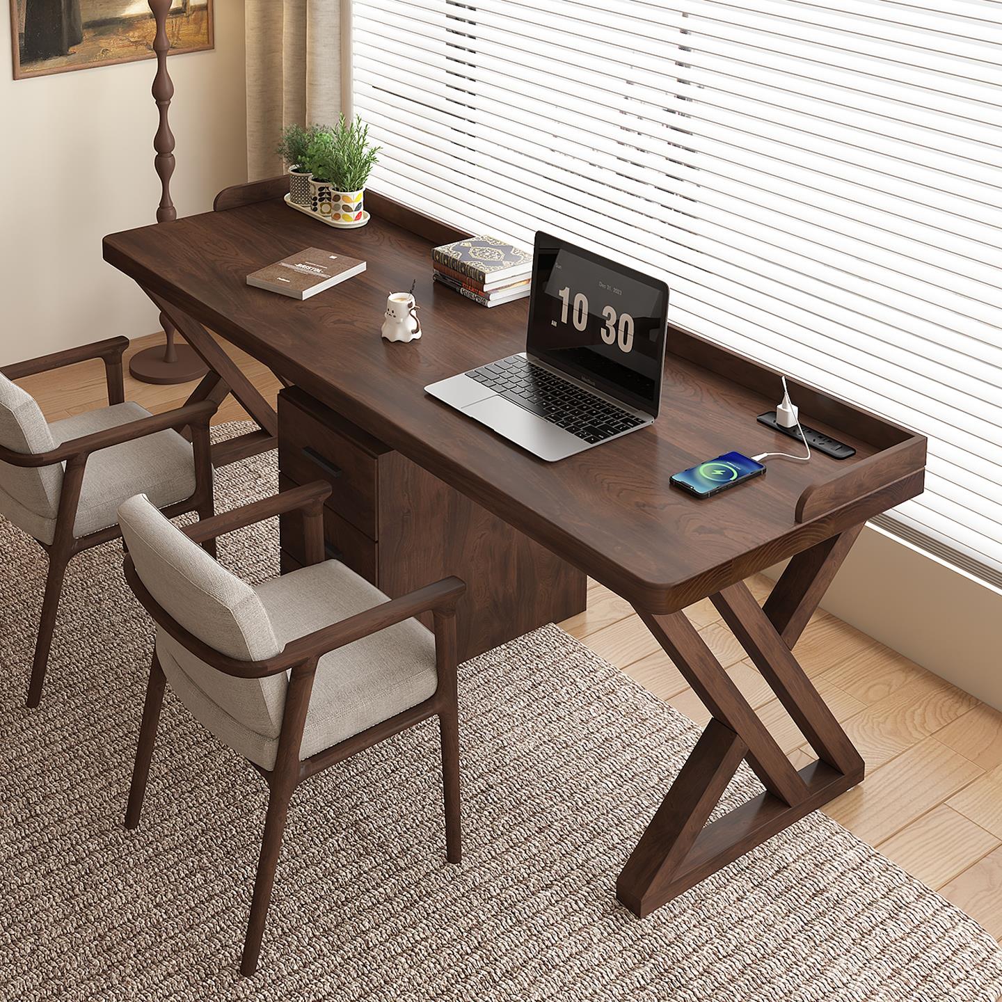 中古风全实木双人书桌卧室家用电脑桌书房办公桌学习工作台带挡板