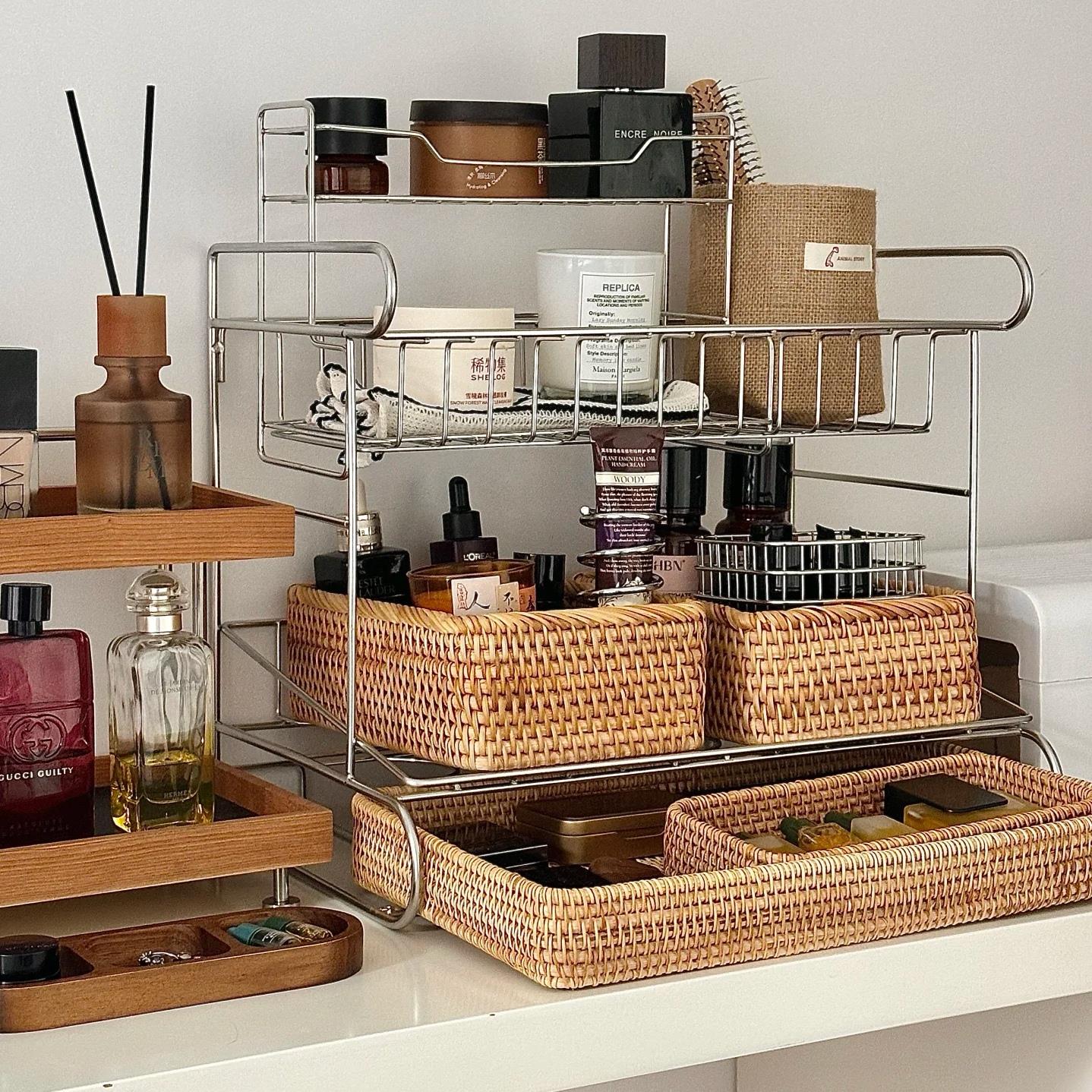 轻奢高级感浴室梳妆台置物架化妆品护肤品收纳架304不锈钢整理架