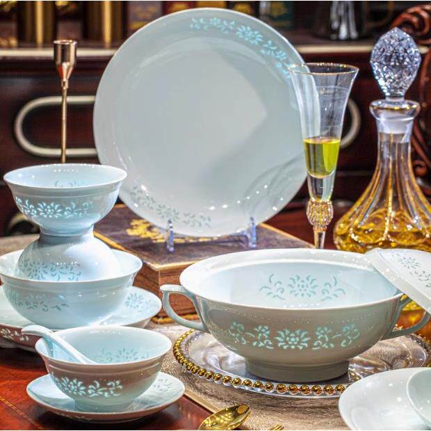 景德镇青用瓷玲珑套瓷餐具碗碟装家釉下翡翠玲珑陶瓷Z1204餐具彩
