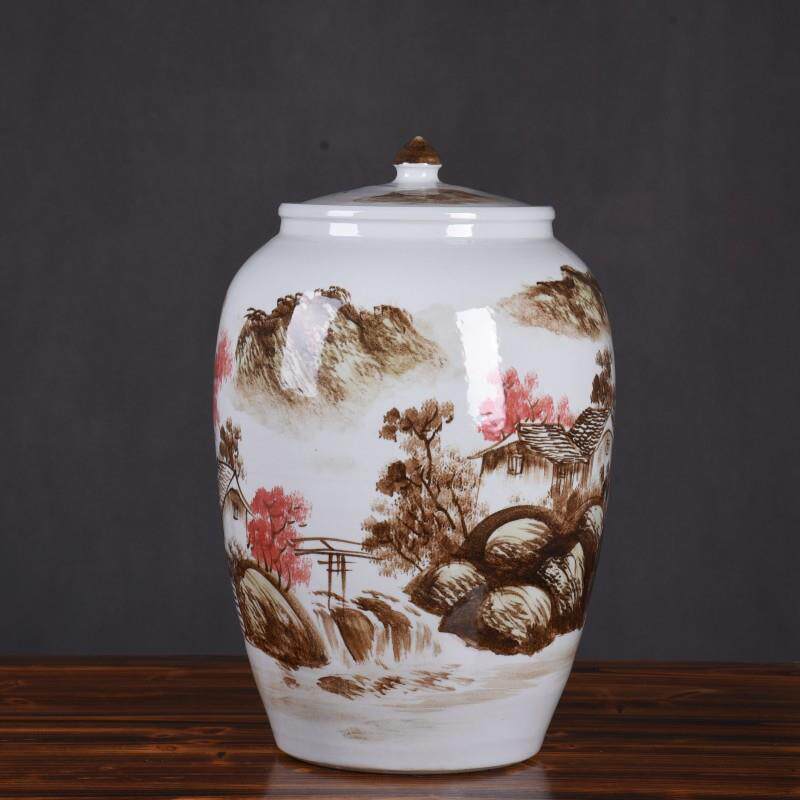 新品上市景德镇陶瓷摆件手绘国画米缸储物罐环保带盖储物罐米桶