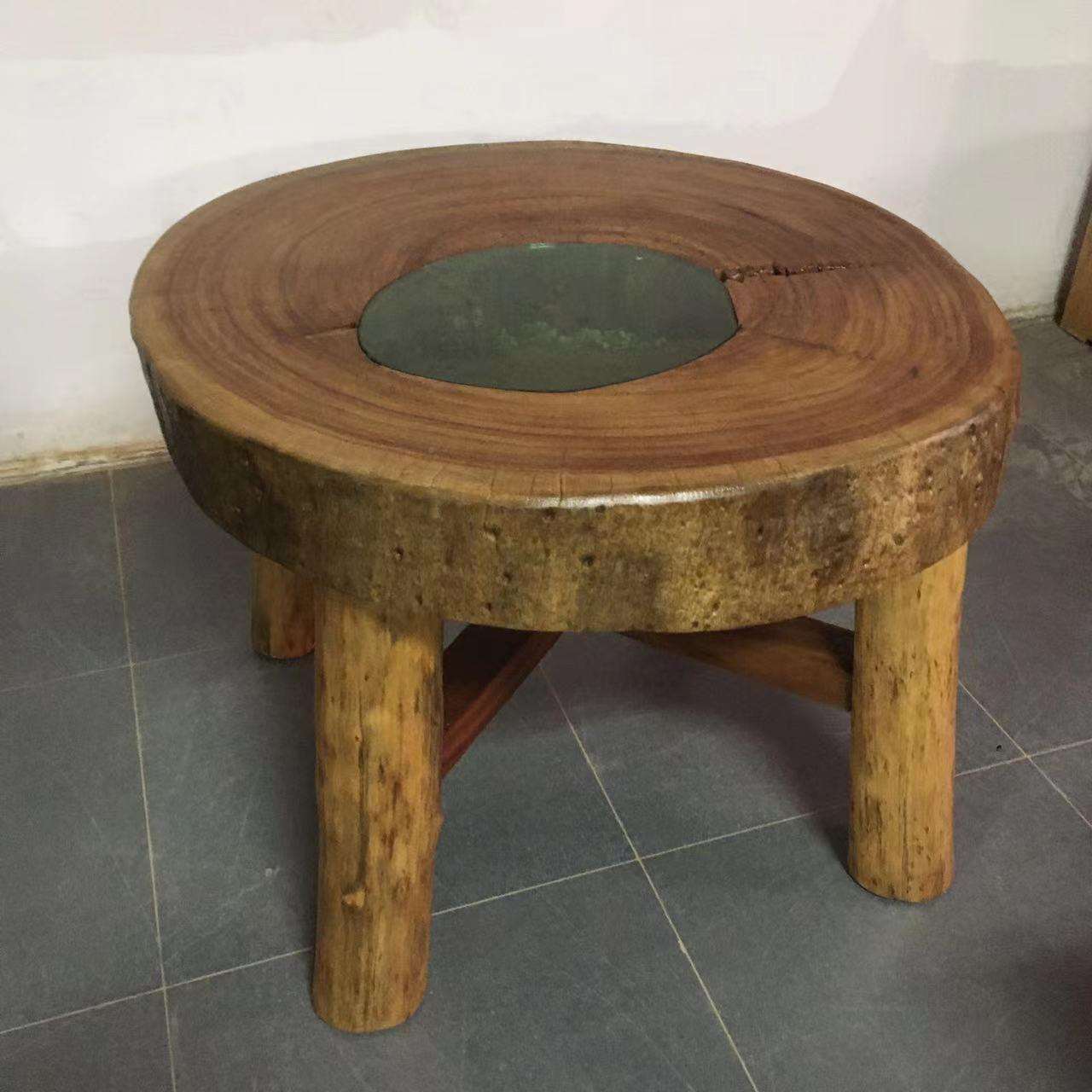 原生家具客厅WKO茶台木香樟板圆形石磨态茶桌椅简约独小户型阳台