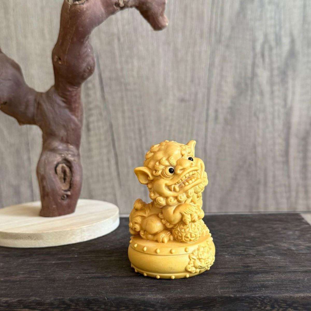 黄杨木雕狮子摆件实雕刻木YM70古风品狮招财鼓狮车内家居工木艺饰