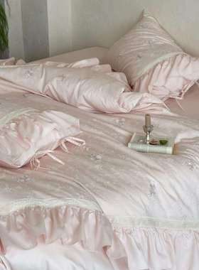 奶油风白色法式清全纯QK棉四件套棉长绒棉被套床单刺绣新高件档4