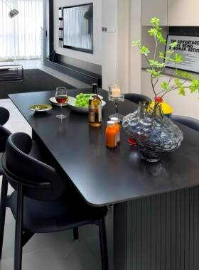 岩板餐长桌椅85512组合意简式纯黑色小户家用极简约轻奢方形饭桌