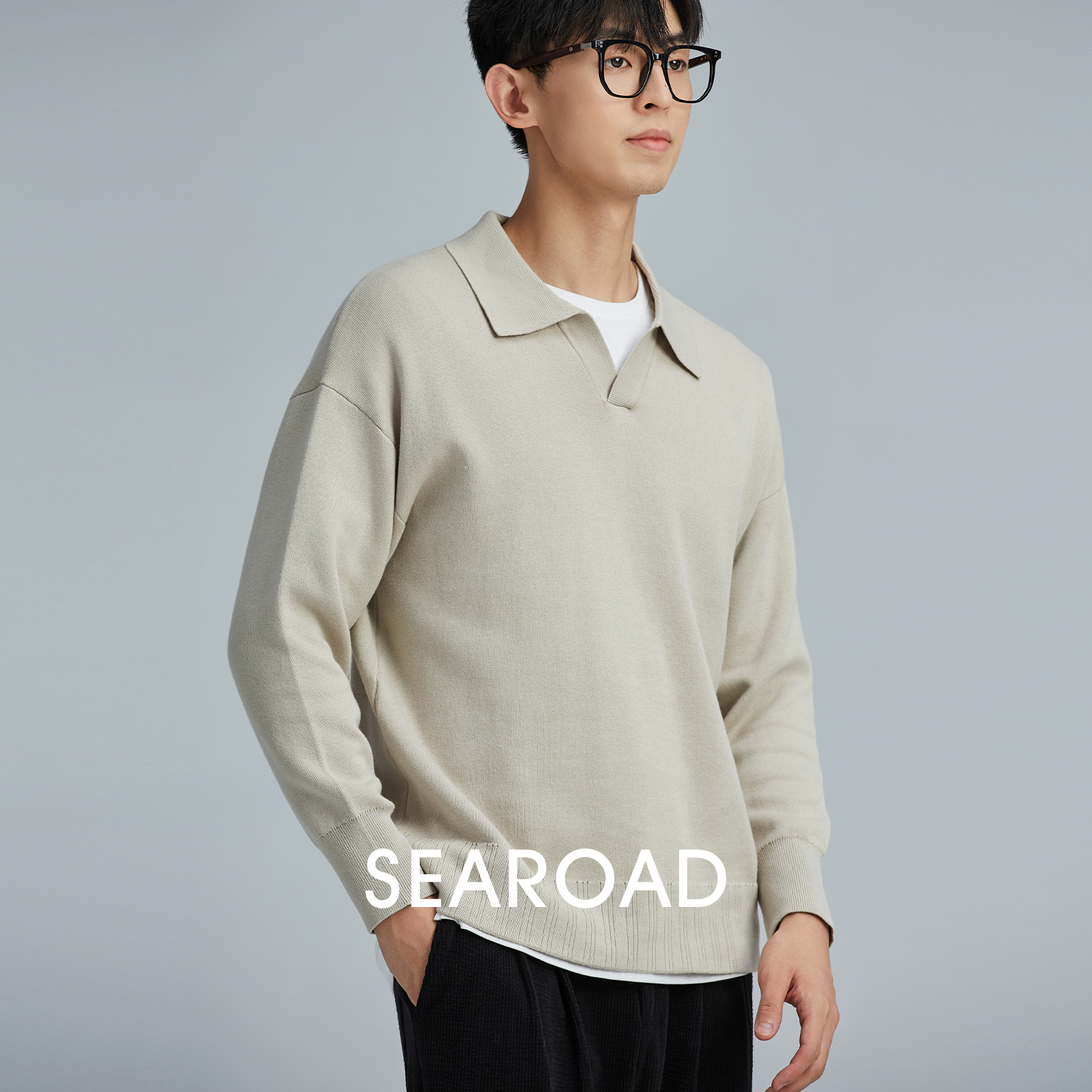 海上公路旗舰店无扣针织衫男24秋冬高级感百搭套头打底衫纯色毛衣