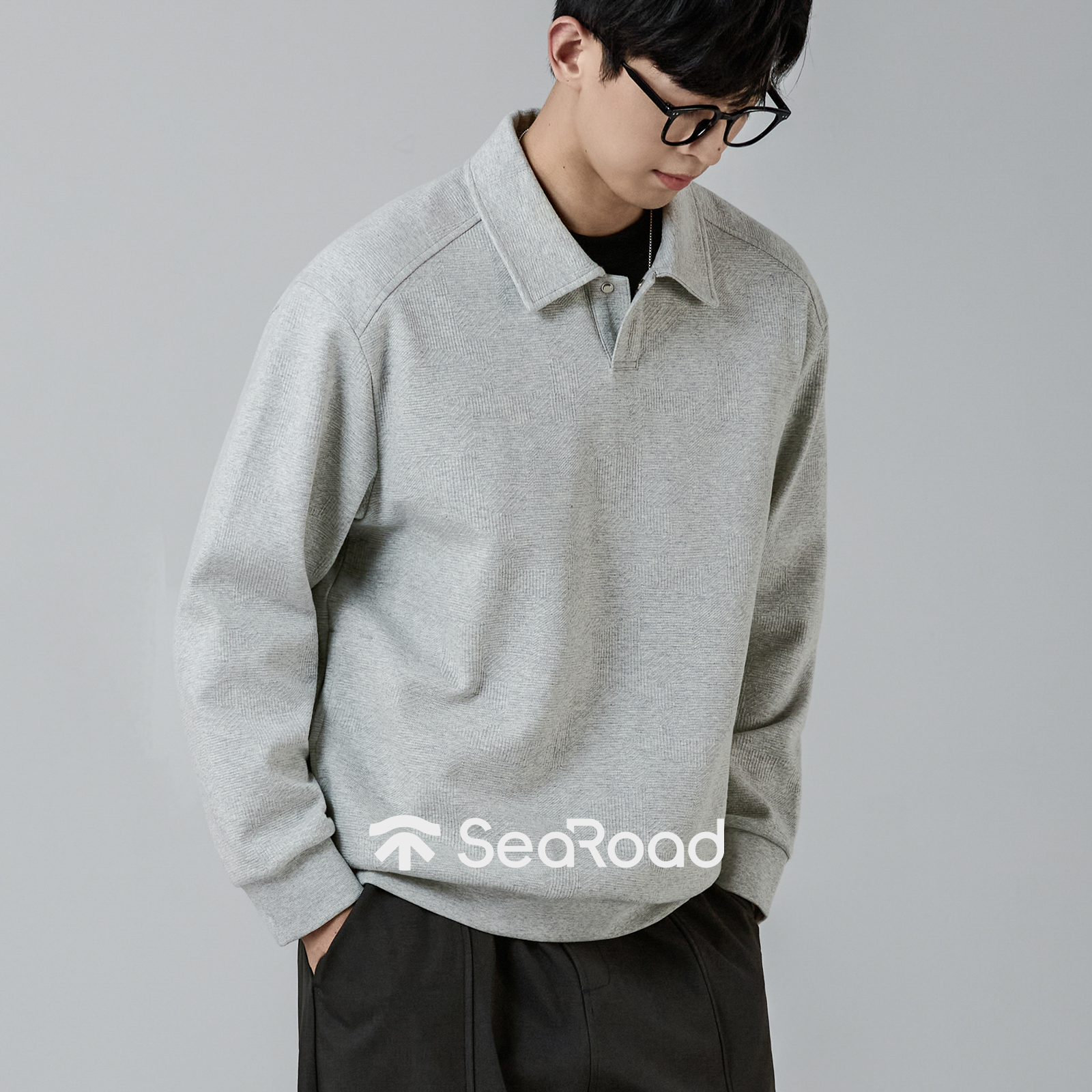 海上公路旗舰店几何提花一粒扣卫衣男秋季简约中阔版百搭套头上衣