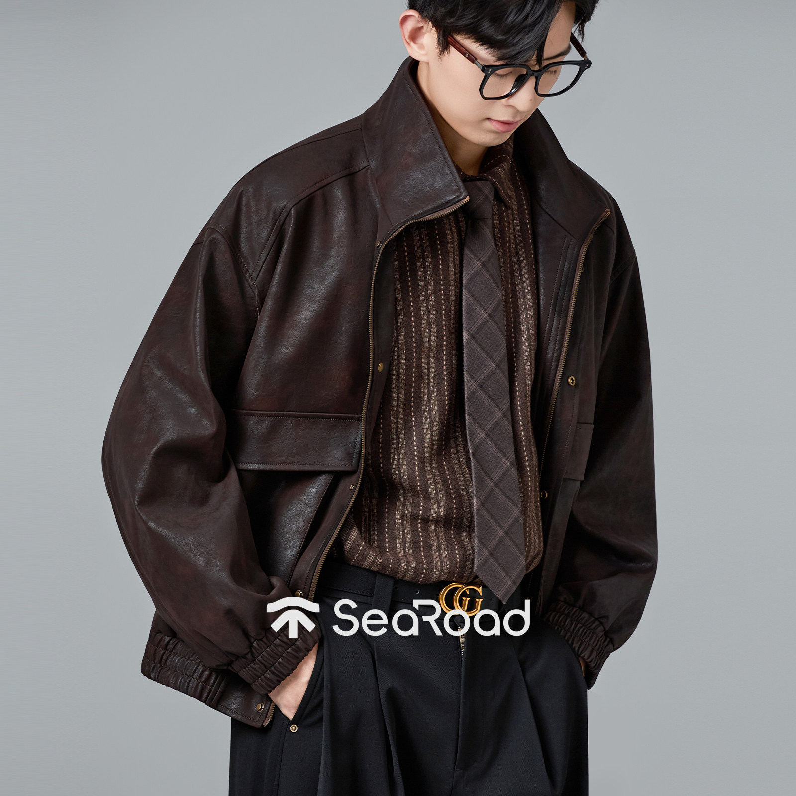 海上公路旗舰店绒感PU皮夹克男士秋季做旧复古质感咖色阔版外套