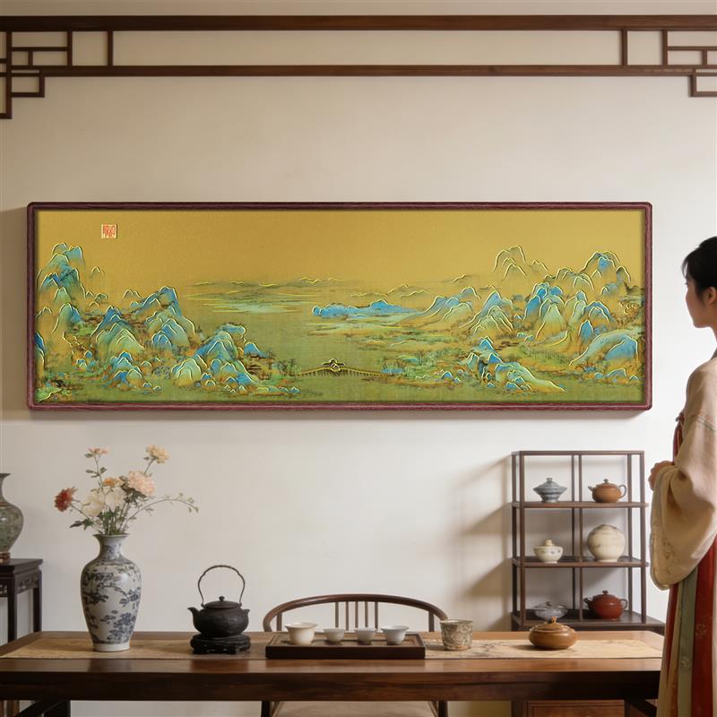 纯黄铜千里江山图铜雕画客厅沙发背景墙大横幅山水装饰实木挂框画