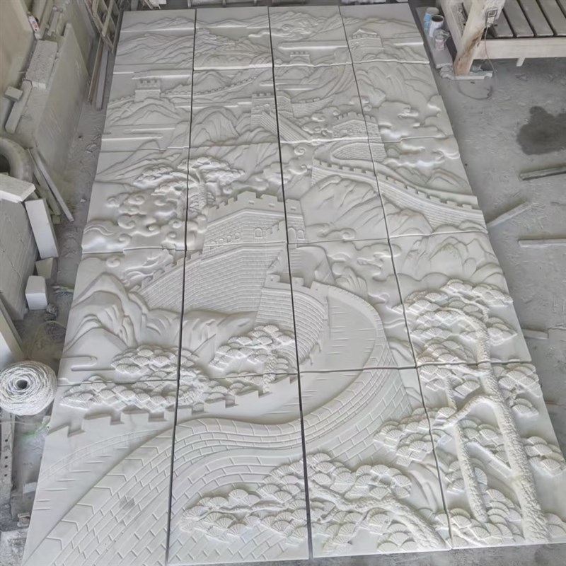 石雕汉白玉浮雕壁画大理石浮雕外墙青石镂空地雕晚霞红背景墙定制图片