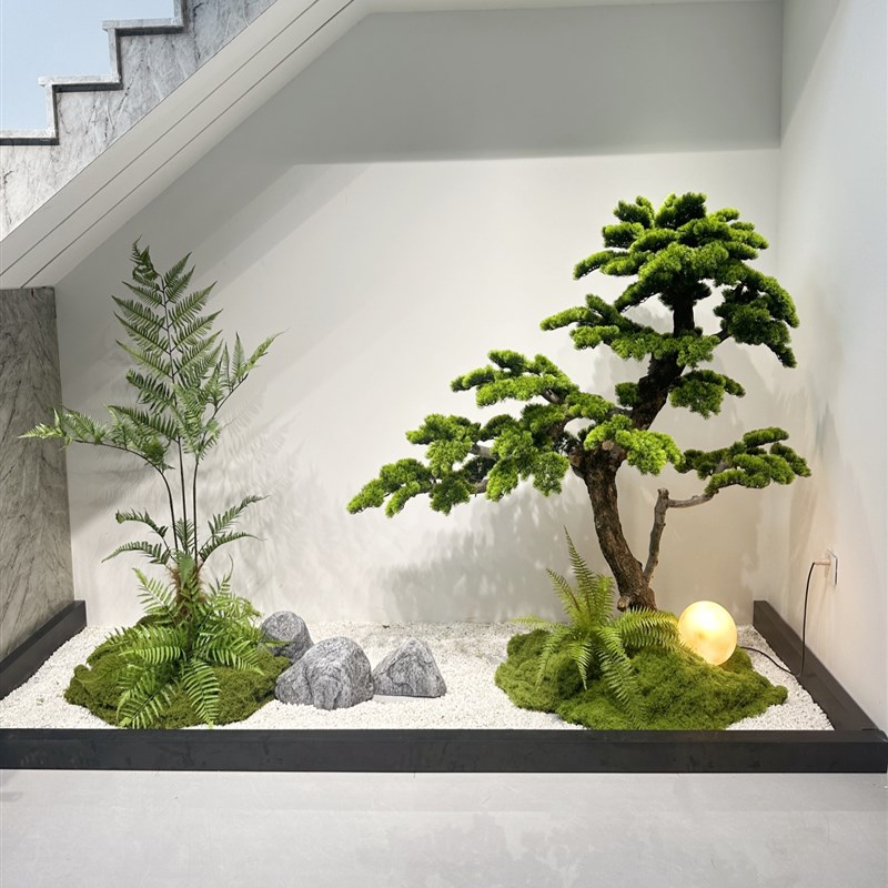 仿真迎客松造景大型假树植物室内玄关楼梯下庭院装饰松树绿植景观