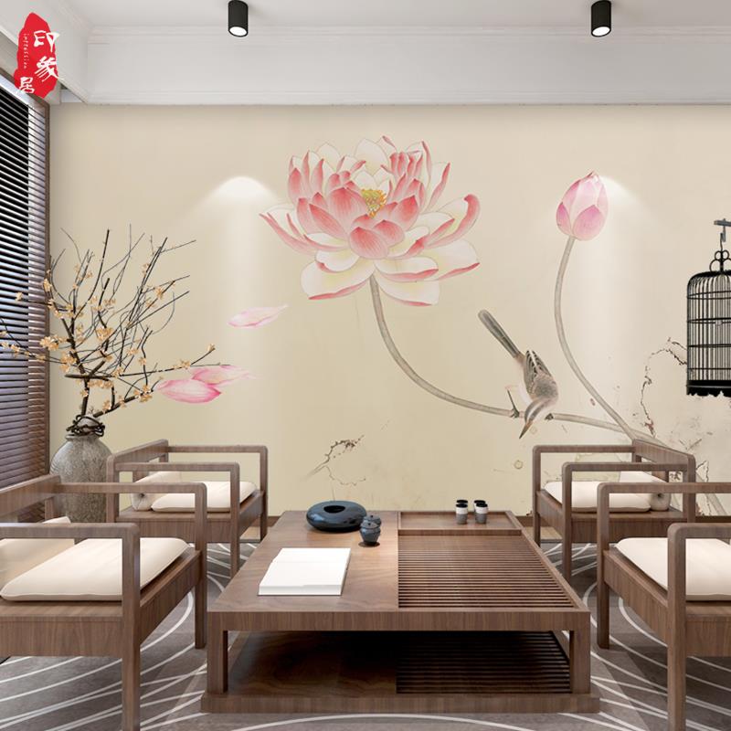 新中式墙纸客厅电视背景墙壁纸卧室沙发壁画工笔荷花影视墙墙布