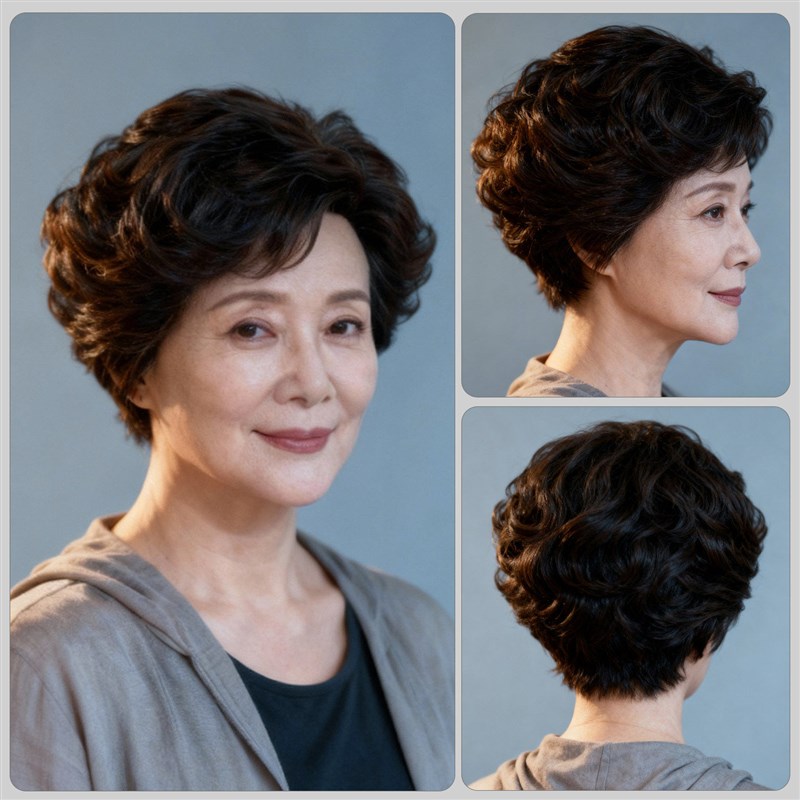 真发假发女全头套真人发丝中年女士时尚气质纹理烫卷发假发妈妈款