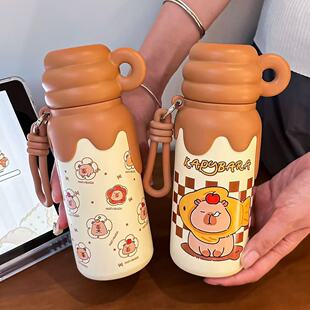 卡皮巴拉可爱创意保温杯女生不锈钢水杯儿童吸管杯子流心杯大容量