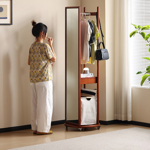【小万家具】实木旋转挂衣镜全身镜黄杨木一体挂衣架可移动衣帽架