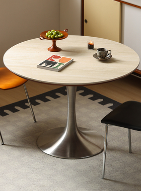 【小万家具】北欧复古家用洞石实木岩板餐桌小户型郁金香轻奢圆桌