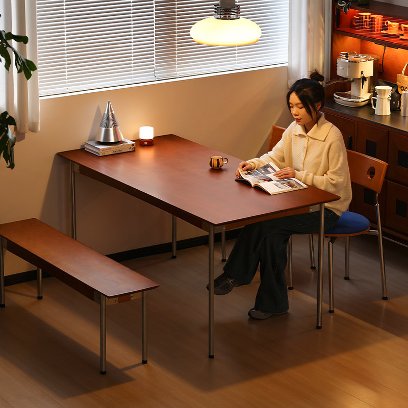 【小万家具】实木餐桌复古家用小户型北欧中古长方形原木餐桌椅