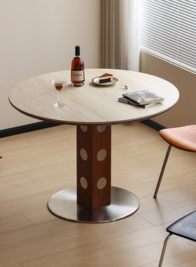 【小万家具】中古圆桌金属腿圆形洞石餐桌北欧包豪斯实木岩板饭桌