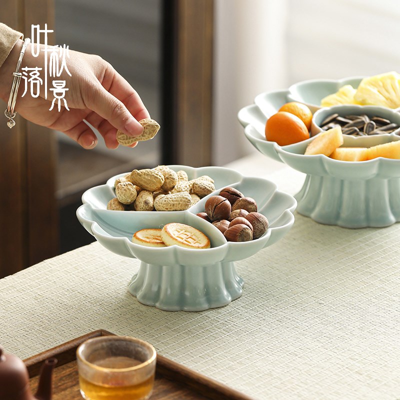 热销中式汝窑陶瓷高脚果盘精致分格水果盘干果茶点盘家用客厅多格