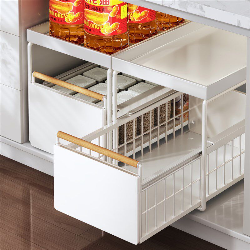 热销厨房下水槽置物架橱柜拉篮碗碟调料收纳盒抽拉式柜内分层架