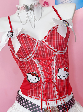野涩猫*Y2K辣妹红色蝴蝶结小猫少女格子日系蕾丝亚比文化吊带背心