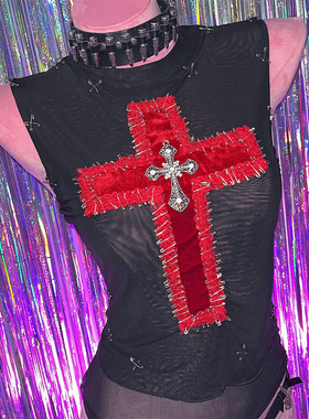 Y2K辣妹亚比美式摇滚朋克红色十字架别针性感女暗黑无袖背心上衣