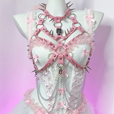 亚比粉色朋克PU皮身体带