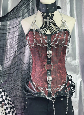 Y2K辣妹欧美性感朋克骷髅链条红色复古宫廷哥特亚比抹胸背心马甲