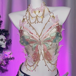 Y2K辣妹性感带项圈刺绣蝴蝶金属链条音乐节女团亚比文化吊带背心