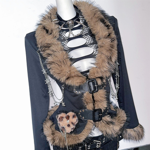 野涩猫 外套 Y2K辣妹亚比朋克仿皮草毛毛边爱心豹纹骷髅链条潮开衫