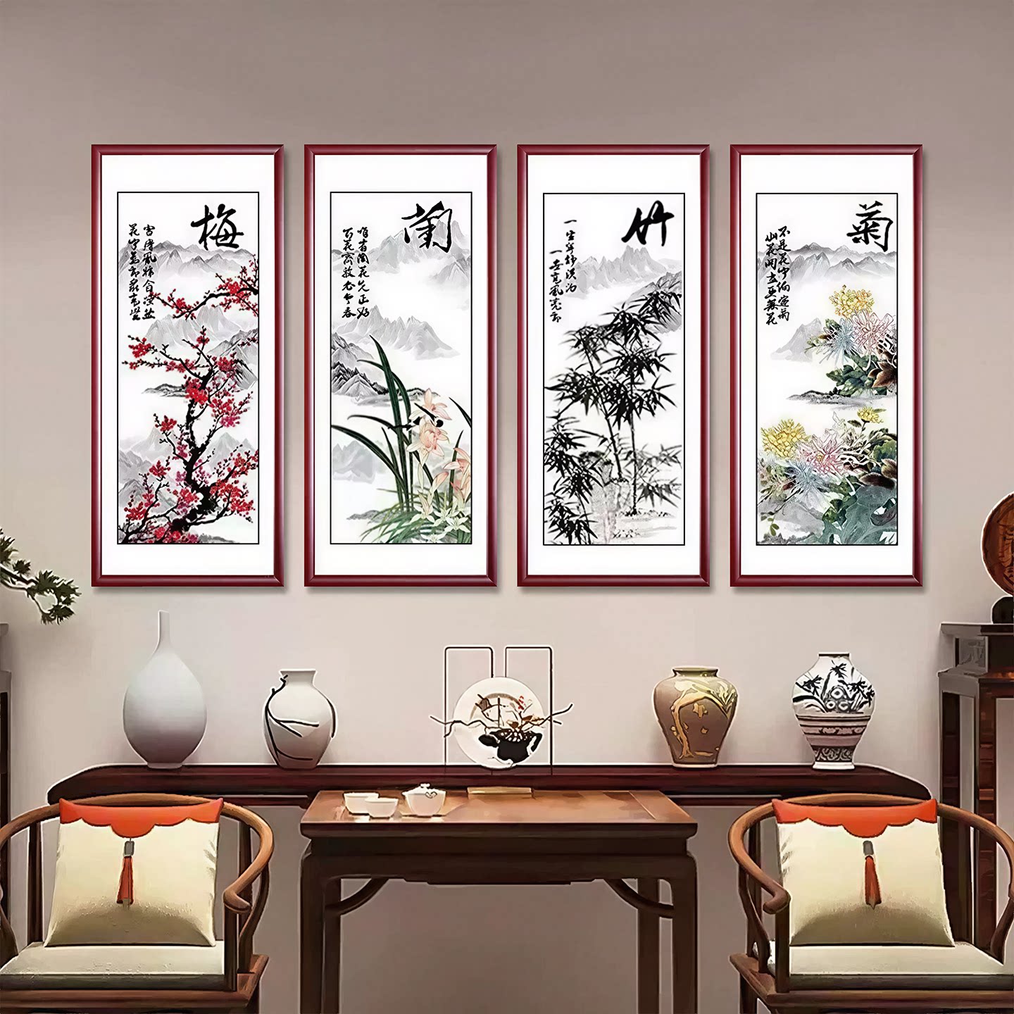 四联国画收藏品写意花鸟客厅挂画