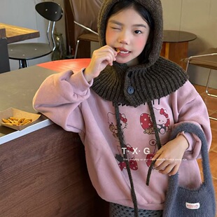 童装波拉秋款中大童女童洋气时髦粉色KT猫印花卫衣+KT猫深灰裤子