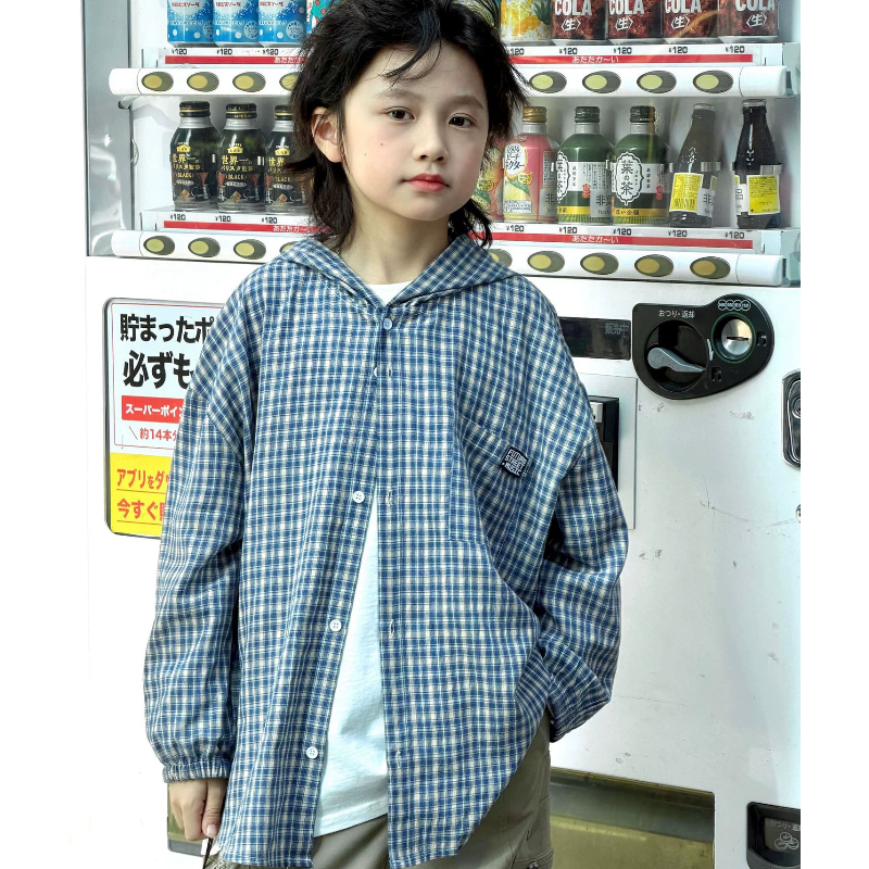 实体店儿童装春夏季男生女孩格子潮童连帽衬衫中大童青少年防晒衣
