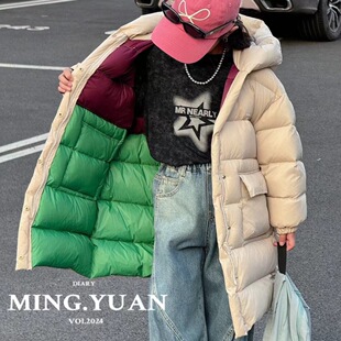 韩国女童中长款连帽羽绒服24冬季男童bora宽松加厚面包服撞色外套