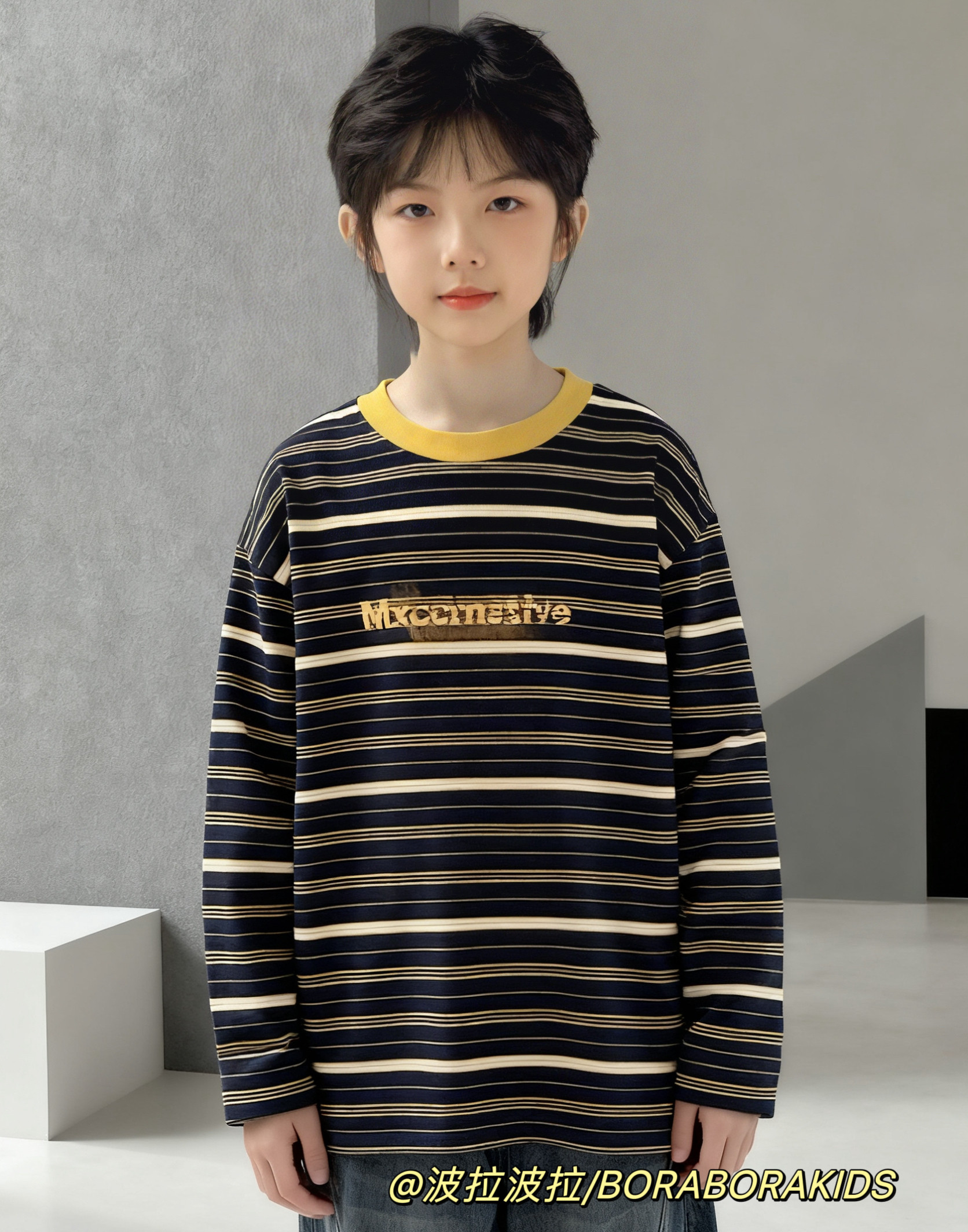 现货波拉实体店儿童装春季男女孩中大青少年街舞条纹上衣长袖T恤