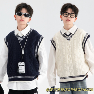 实体店儿童装男孩秋冬季韩范中大童V领背心毛衣波拉内搭针织马甲