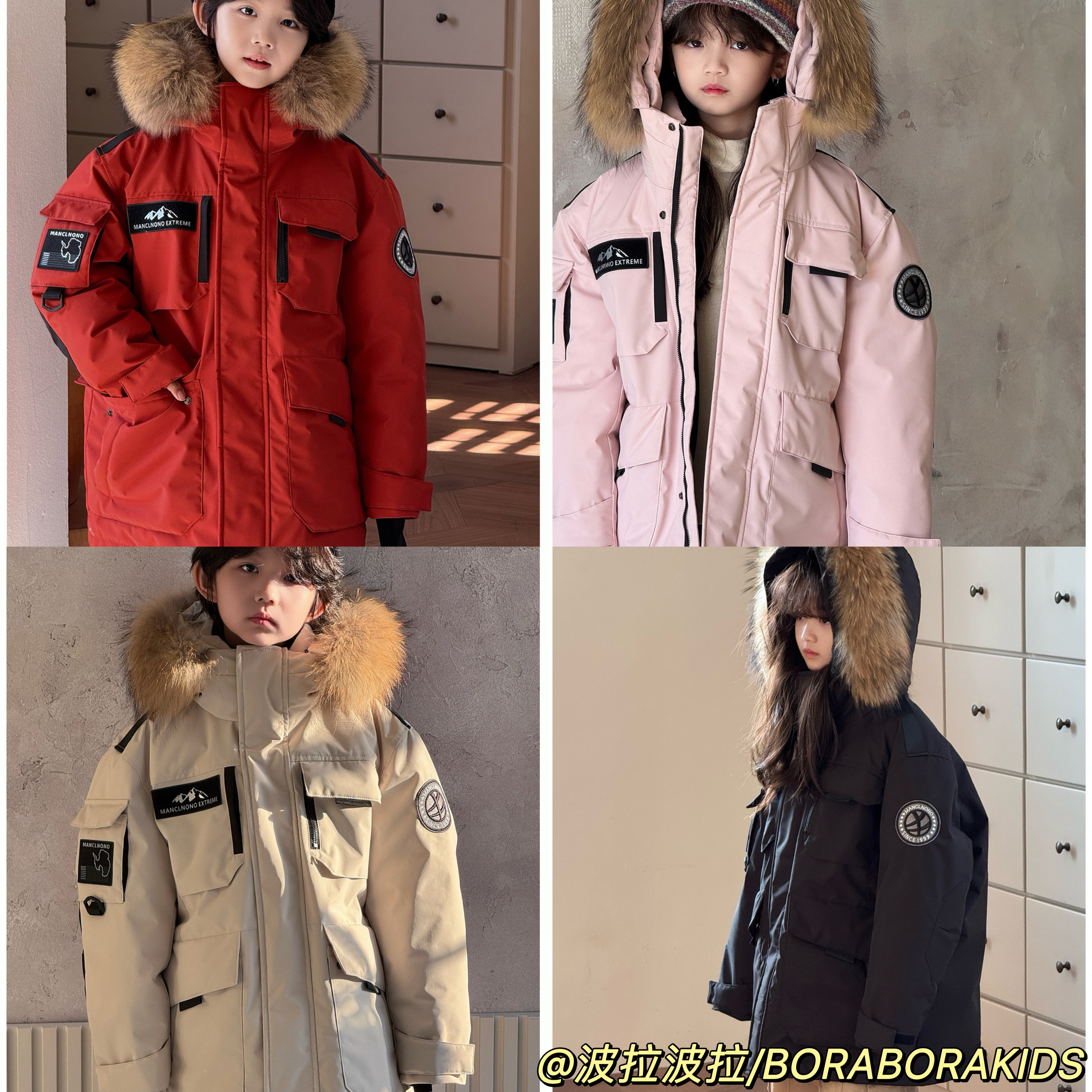 实体店儿童男孩女童连帽90白鸭绒冲锋衣工装派克真毛领羽绒服外套