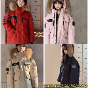 实体店儿童男孩女童连帽90白鸭绒冲锋衣工装派克真毛领羽绒服外套