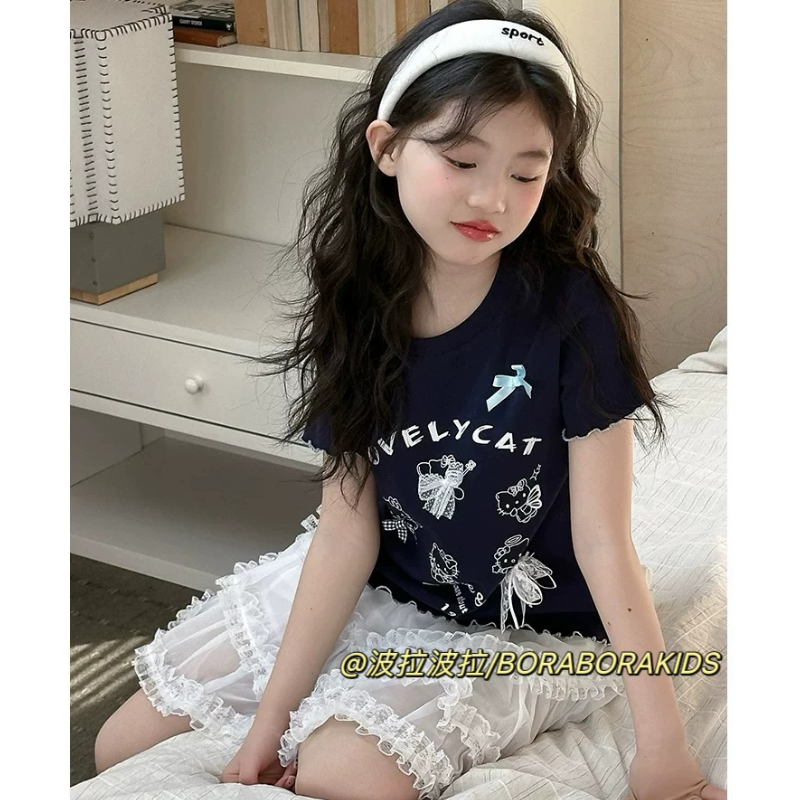 波拉实体店儿童装女童猫咪短袖春夏甜美T恤中大童蕾丝蝴蝶结上衣